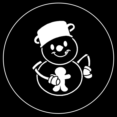 Snowman with a pot on his head, holding gingerbread man Gobo